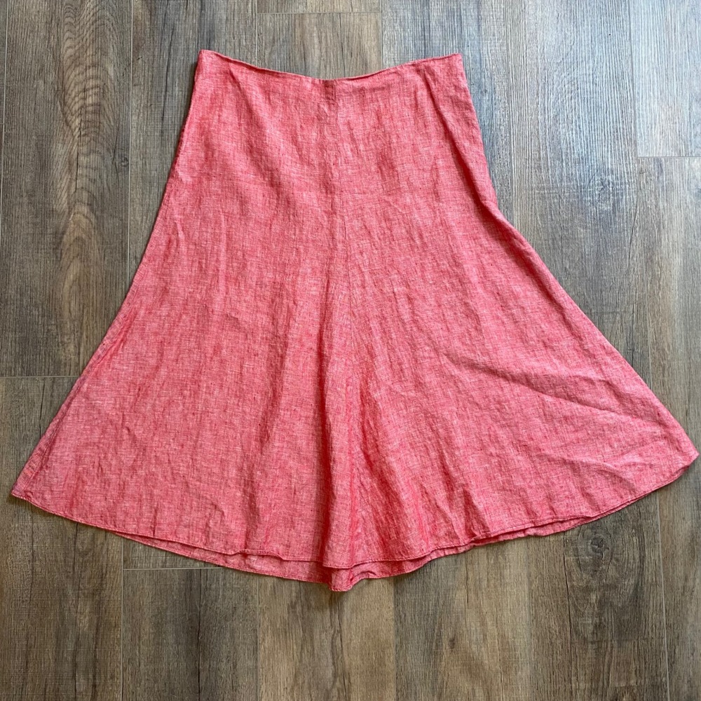 Womens Coral Red 100% Linen A-Line Flare Midi Skirt Size 8, Summer, Spring